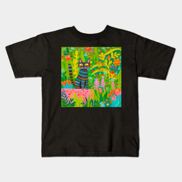 Cat  in the garden Kids T-Shirt by Sarus Design Art
